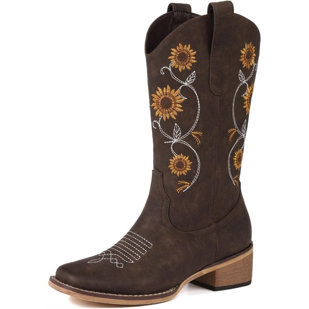 ⚡Women's Brown Mid Calf Western Sunflower Cowgirl Boots with Floral Embroidery